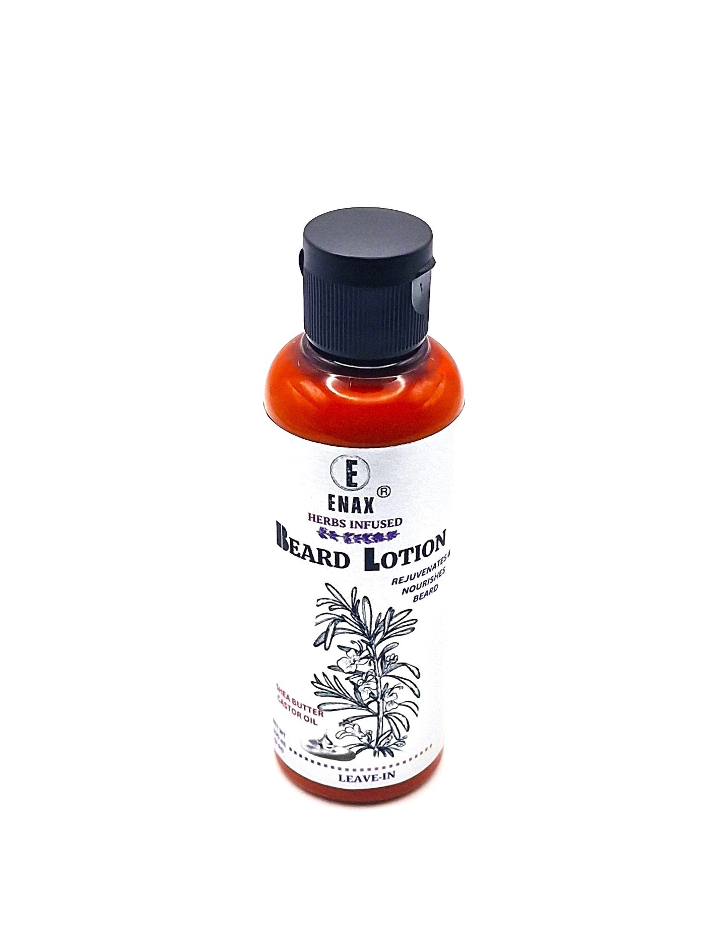 Beard Lotion: ENAX Herb Infused Beard Lotion Facial Care. 100ml bottle of (ENAX) Beard Lotion. White background. Front Side.