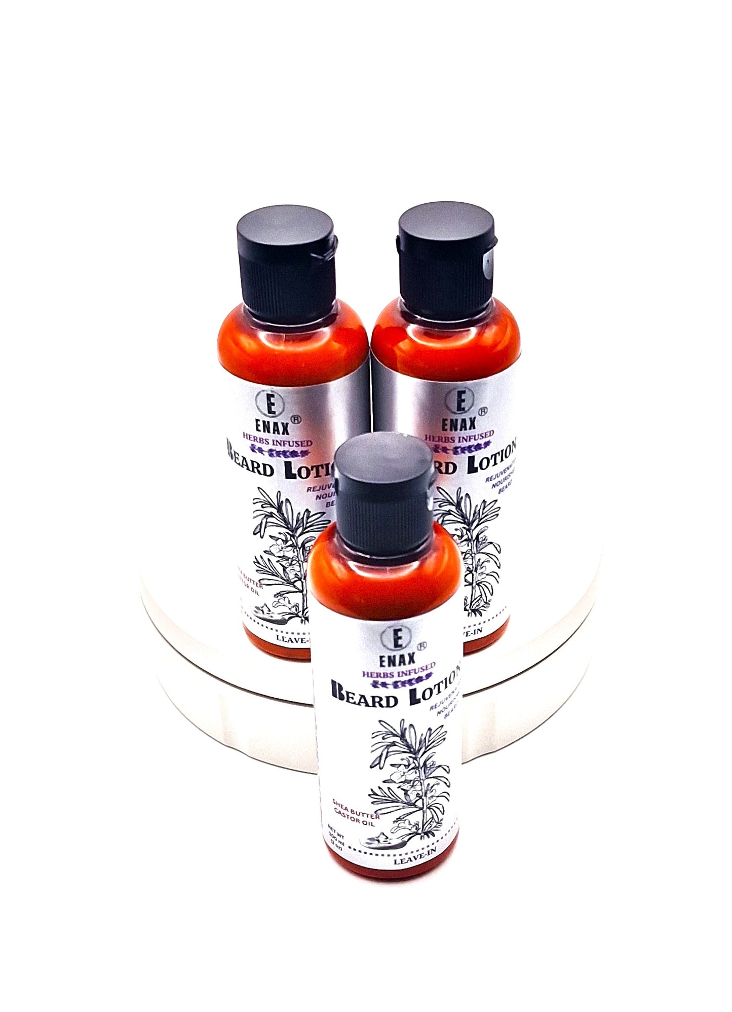 Beard Lotion: ENAX Herb Infused Beard Lotion Facial Care. Three 100ml bottles of (ENAX) Beard Lotion. White background. Front Side.