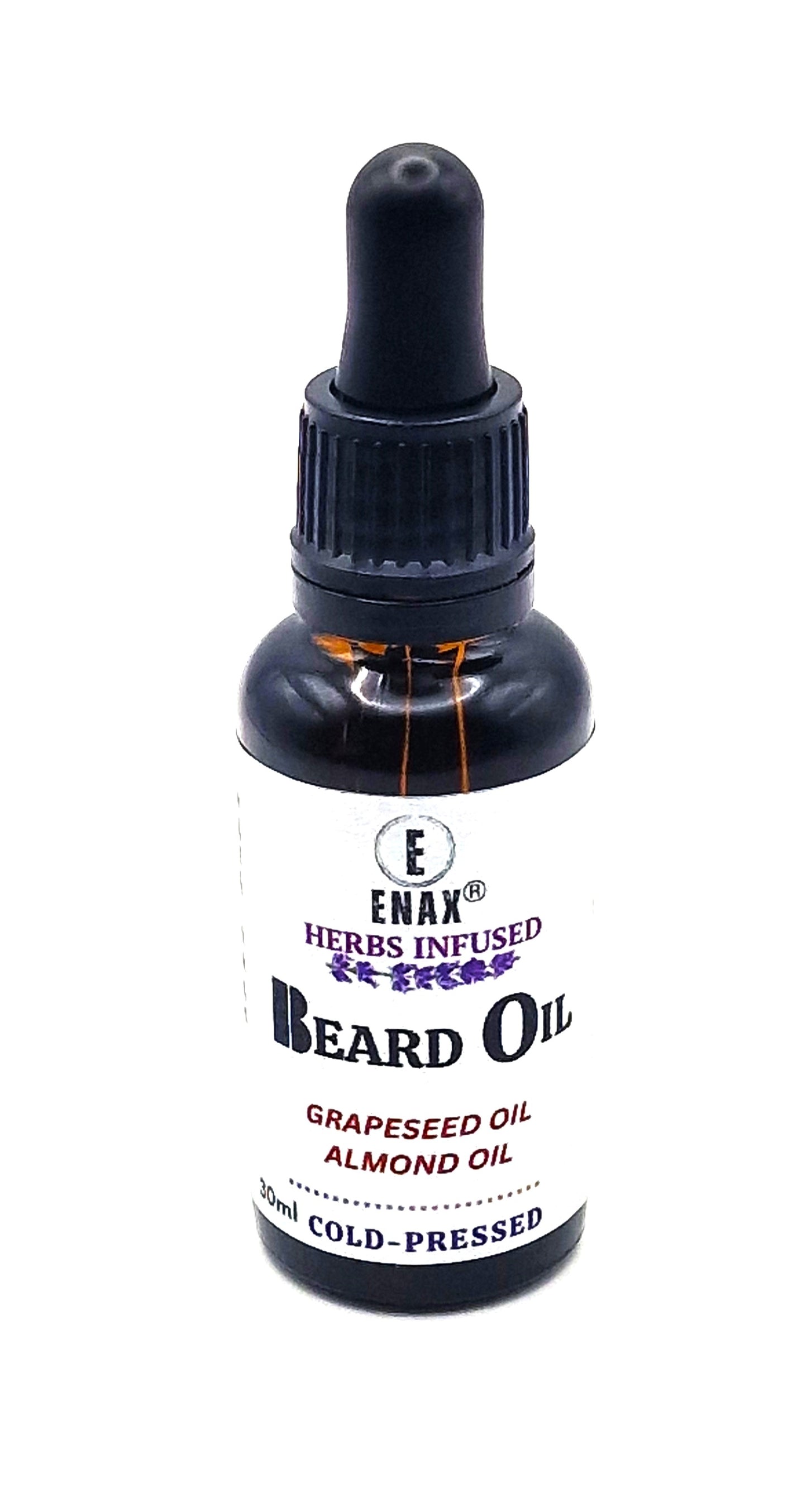Beard Oil: ENAX Herb Infused Beard Oil Facial Care. 30ml bottle of (ENAX) Beard Oil. White background. Front Side.
