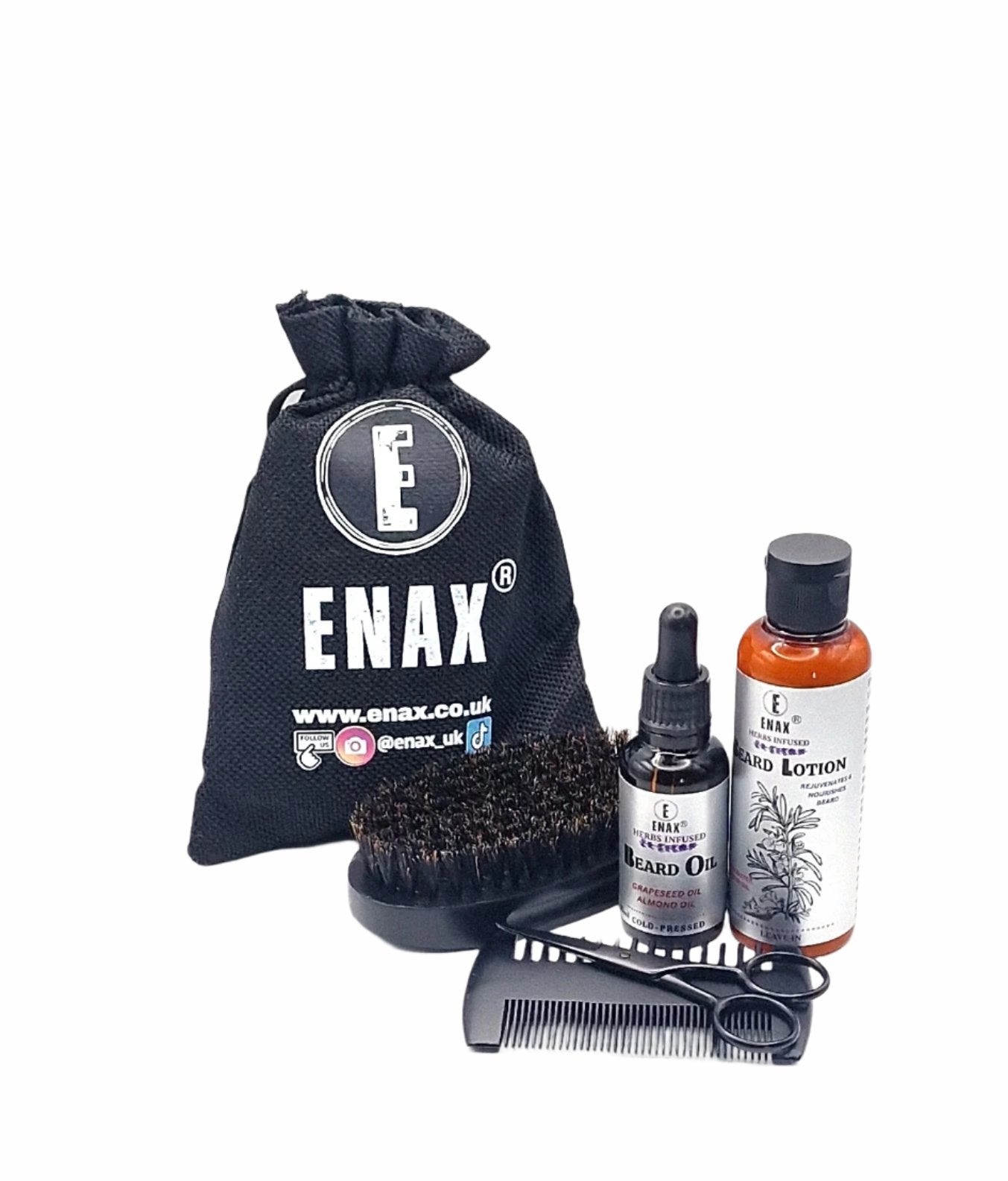 Beard Care Pack2: ENAX Beard Lotion, Beard Oil & Beard Grooming Kit. 30ml bottle of (ENAX) Beard Oil to the left, 100ml bottle of (ENAX) Beard Lotion to the right. Beard Grooming Kit bag, Beard Brush, Beard Comb and Beard Scissors. White background. Front side.