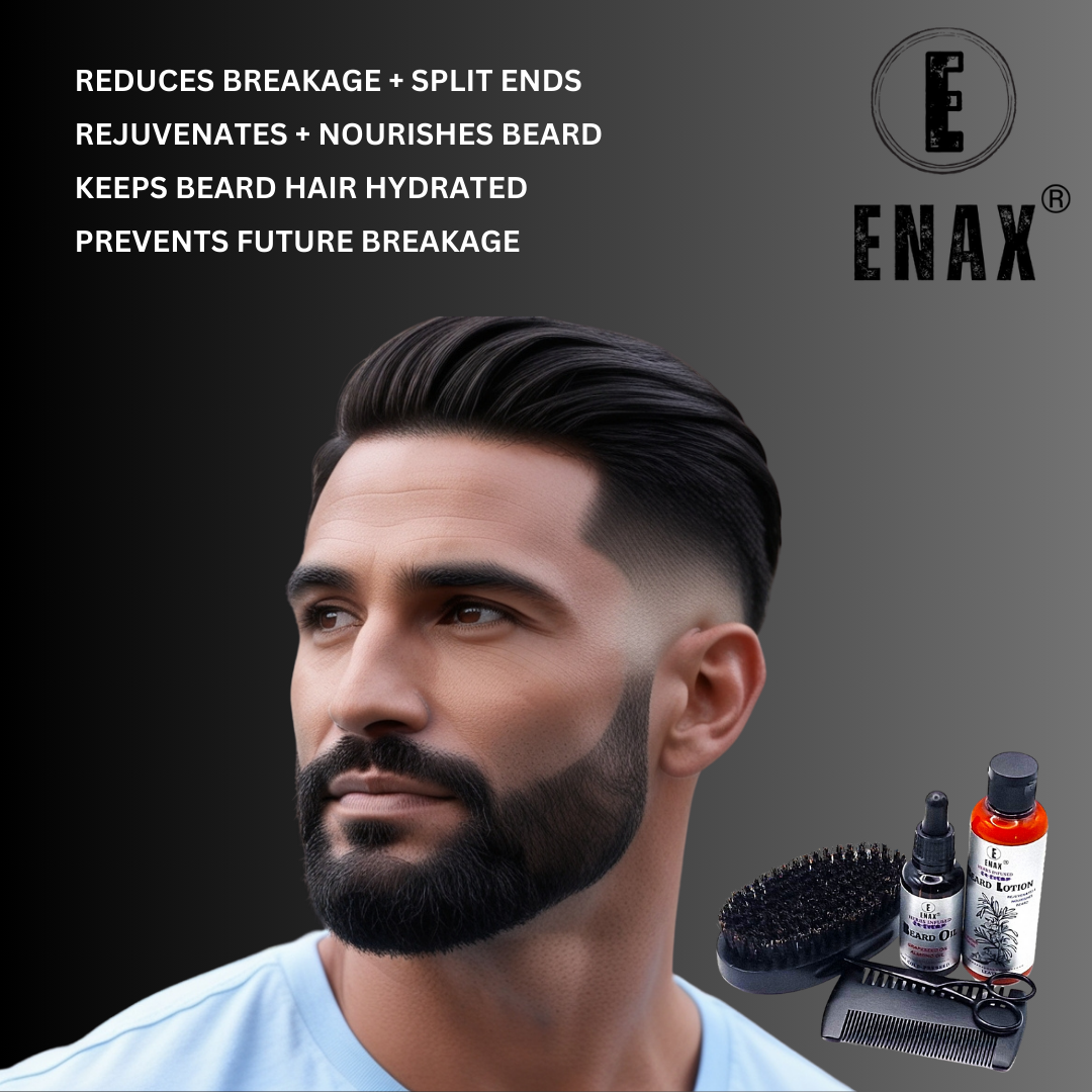 Beard Grooming Kit: ENAX Boar Bristle Brush, Scissors & Pearwood Comb, Men Facial Care - ENAX