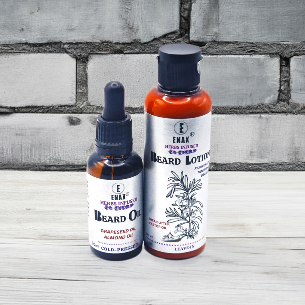 Beard Care Pack1: ENAX Beard Lotion & Beard Oil. 30ml bottle of (ENAX) Beard Oil to the left, 100ml bottle of (ENAX) Beard Lotion to the right. Grey wooden table and grey background. Front Side.