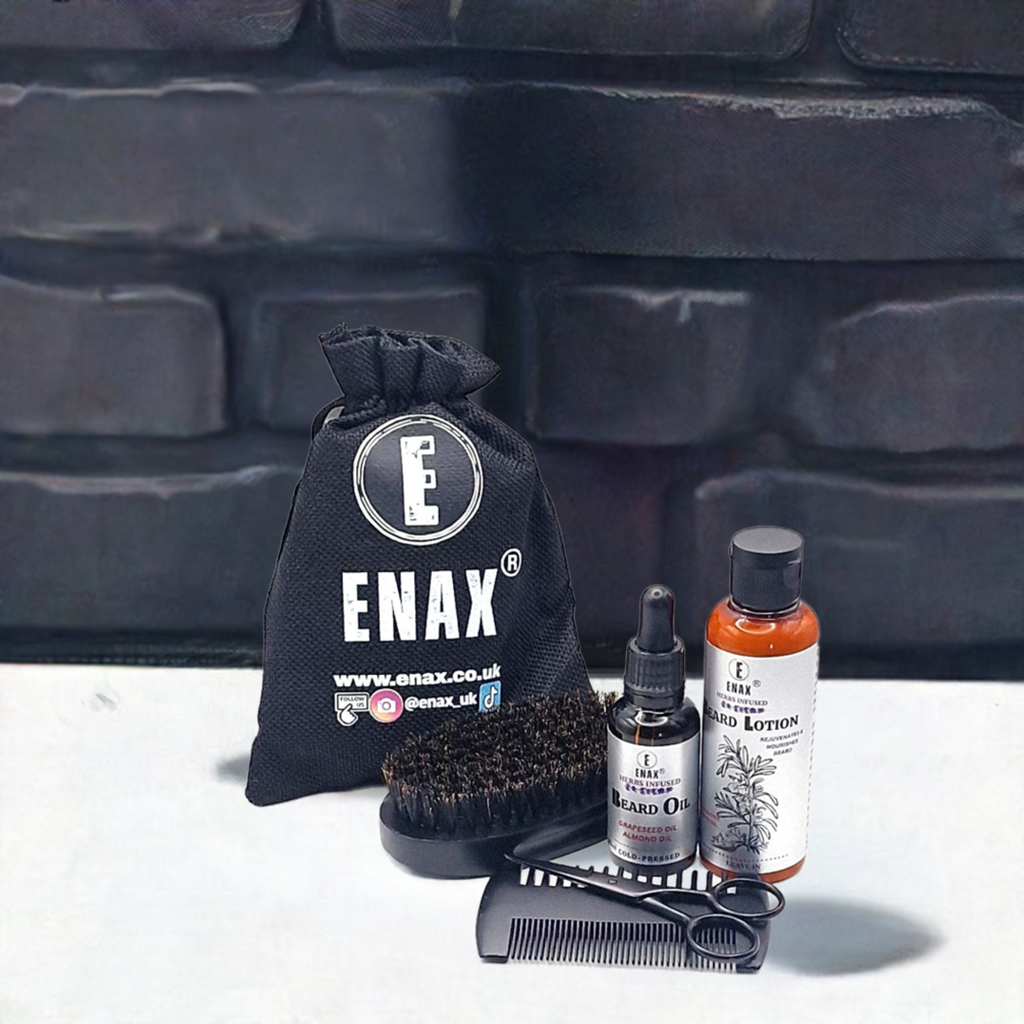 Beard Care Pack2: ENAX Beard Lotion, Beard Oil & Beard Grooming Kit. 30ml bottle of (ENAX) Beard Oil to the left, 100ml bottle of (ENAX) Beard Lotion to the right. Beard Grooming Kit bag, Beard Brush, Beard Comb and Beard Scissors. White wooden table and black brick background. Front Side.b