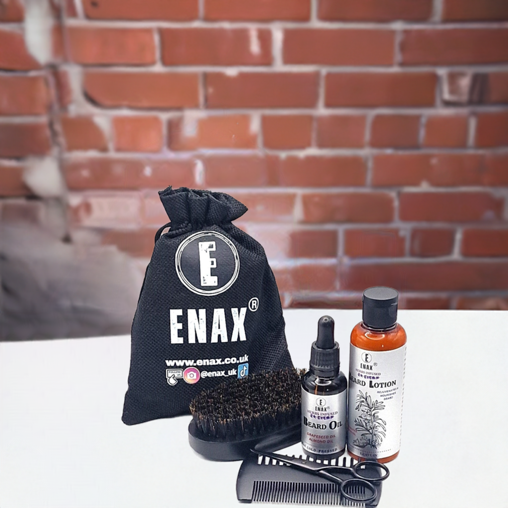 Beard Care Pack2: ENAX Beard Lotion, Beard Oil & Beard Grooming Kit. 30ml bottle of (ENAX) Beard Oil to the left, 100ml bottle of (ENAX) Beard Lotion to the right. Beard Grooming Kit bag, Beard Brush, Beard Comb and Beard Scissors. Grey wooden table and brown brick background. Front Side.
