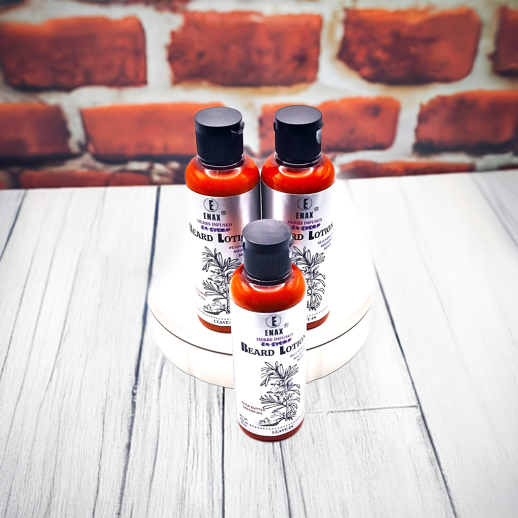Beard Lotion: ENAX Herb Infused Beard Lotion Facial Care. Three 100ml bottles of (ENAX) Beard Lotion. Brown brick wall and grey wooden table. Front Side.