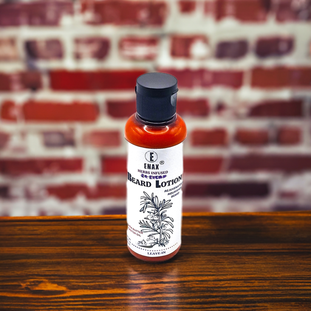 Beard Lotion: ENAX Herb Infused Beard Lotion Facial Care. 100ml bottle of (ENAX) Beard Lotion. Brown brick wall and oak brown wooden table. Front Side.