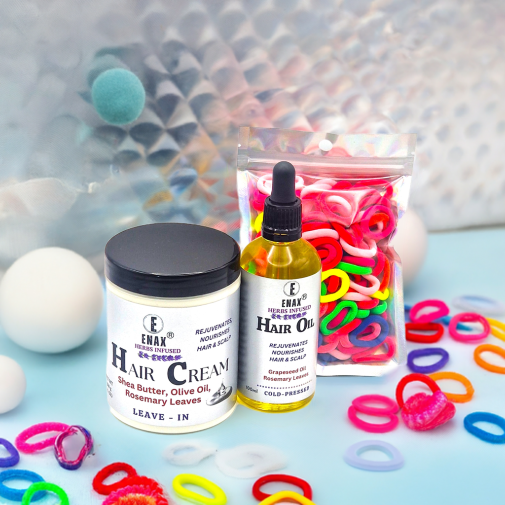 Children Care Pack1: ENAX Hair Cream, Hair Oil & Toddler's Hair Ties. 300g jar of (ENAX) Hair Cream to the left, 100ml bottle of (ENAX) Hair Oil in the middle, ENAX Baby & Toddler's Hair Ties to the far right. 120 small-sized pink Hair Ties. Shiny silver background with hair ties all over. Front Side.