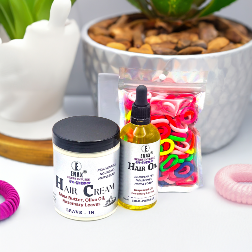 Children Care Pack1: ENAX Hair Cream, Hair Oil & Toddler's Hair Ties. 300g jar of (ENAX) Hair Cream to the left, 100ml bottle of (ENAX) Hair Oil in the middle, ENAX Baby & Toddler's Hair Ties to the far right. 120 small-sized pink Hair Ties. Flower pot background. Front side.
