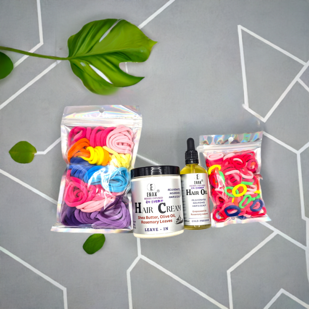 Children Care Pack3: ENAX Hair Cream, Hair Oil, Girl's Hair Ties & Toddler's Hair Ties. ENAX Girl's Hair Ties to the left, 300g jar of (ENAX) Hair Cream, 100ml bottle of (ENAX) Hair Oil in the middle. ENAX Baby & Toddler's Pink Hair Ties to the right. Grey and white tiled background. Front Side.