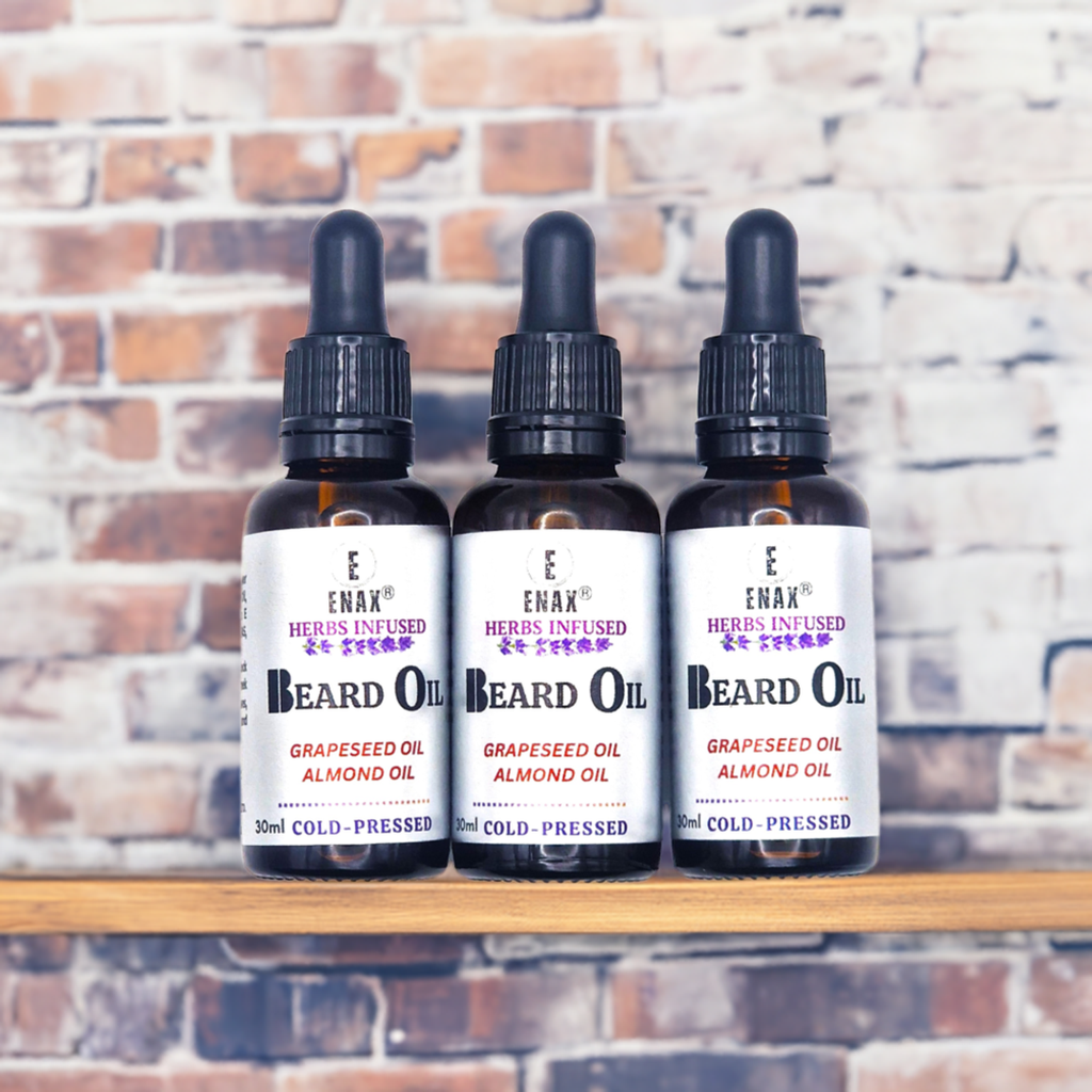 Beard Oil: ENAX Herb Infused Beard Oil Facial Care. Three 30ml bottle of (ENAX) Beard Oil. Brown brick wall background. Front Side.