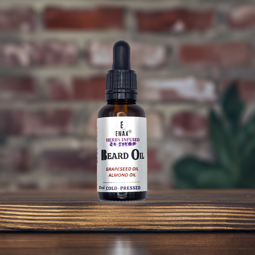 Beard Oil: ENAX Herb Infused Beard Oil Facial Care. 30ml bottle of (ENAX) Beard Oil. Dark brown brick wall background. Front Side.