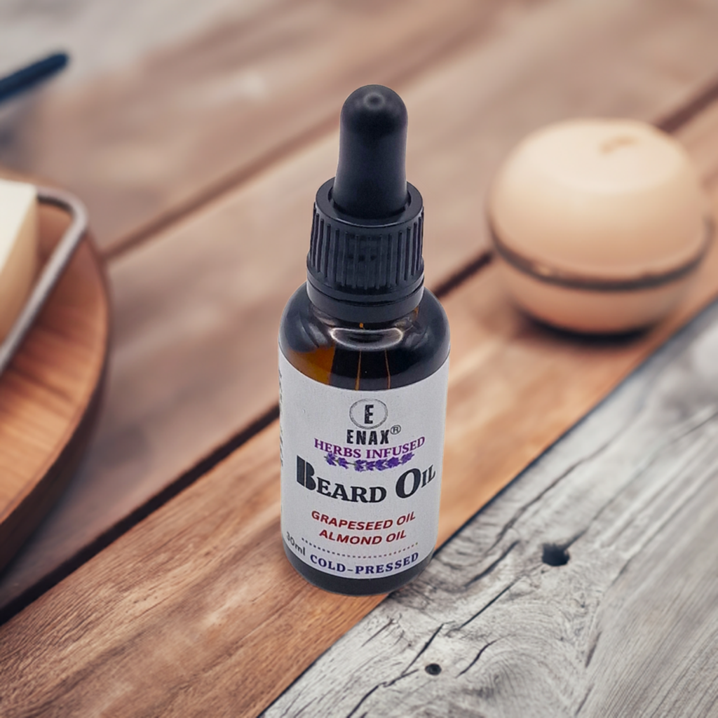 Beard Oil: ENAX Herb Infused Beard Oil Facial Care. 30ml bottle of (ENAX) Beard Oil. Light brown wooden table. Front Side.