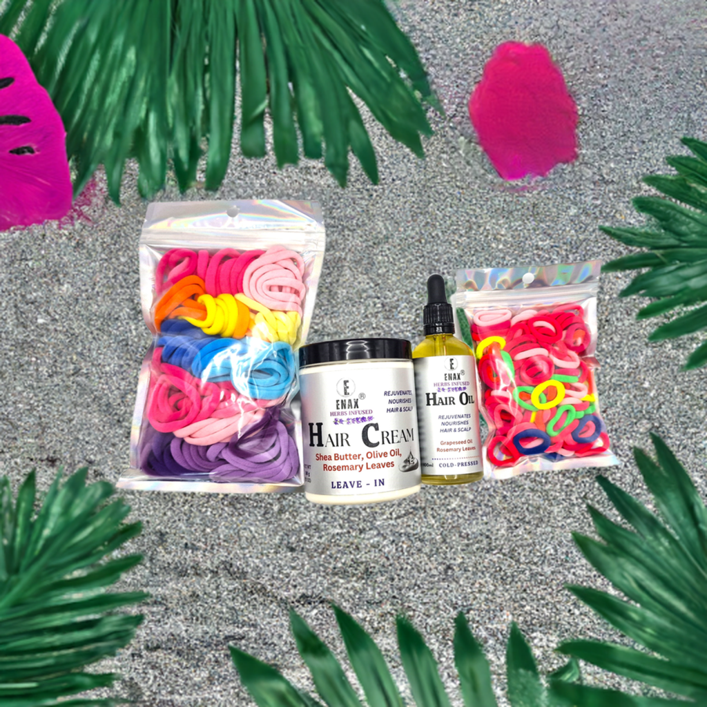 Children Care Pack3: ENAX Hair Cream, Hair Oil, Girl's Hair Ties & Toddler's Hair Ties. ENAX Girl's Hair Ties to the left, 300g jar of (ENAX) Hair Cream, 100ml bottle of (ENAX) Hair Oil in the middle. ENAX Baby & Toddler's Pink Hair Ties to the right. Glittered silver background with leaves. Front Side.