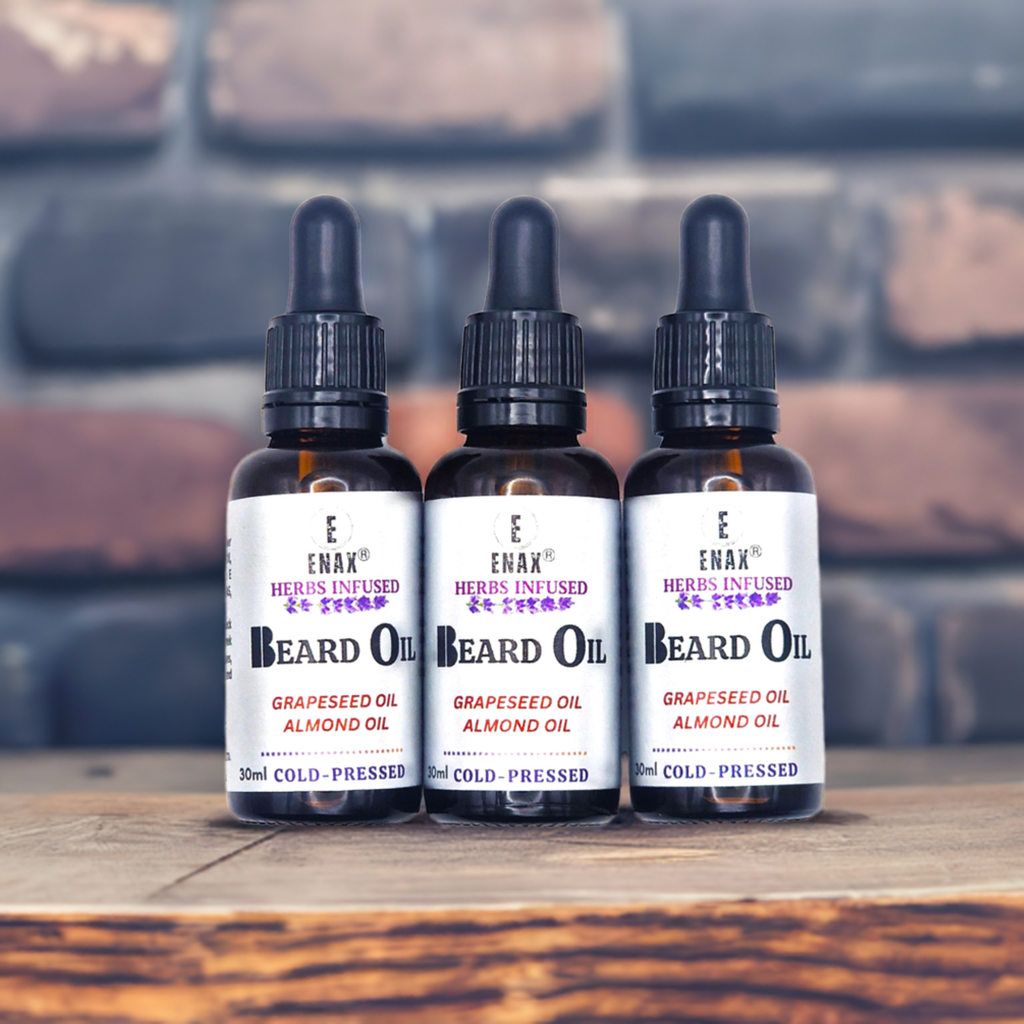 Beard Oil: ENAX Herb Infused Beard Oil Facial Care. 30ml bottle of (ENAX) Beard Oil. Dark brown brick wall background. Front Side.
