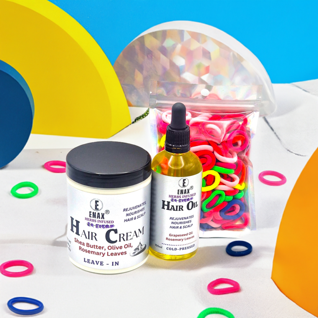 Children Care Pack1: ENAX Hair Cream, Hair Oil & Toddler's Hair Ties. 300g jar of (ENAX) Hair Cream to the left, 100ml bottle of (ENAX) Hair Oil in the middle, ENAX Baby & Toddler's Hair Ties to the far right. 120 small-sized pink Hair Ties. Colourful geometrical shaped background with hair ties all over. Front Side.