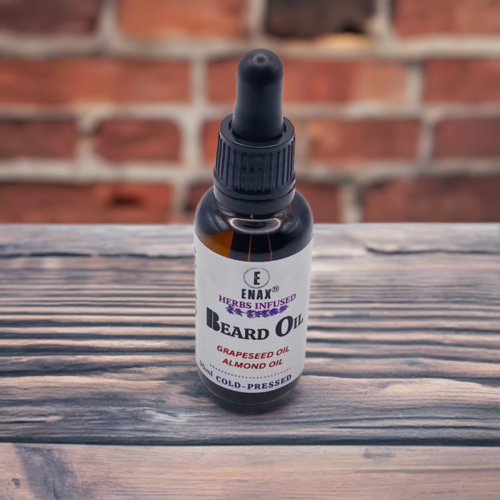 Beard Oil: ENAX Herb Infused Beard Oil Facial Care. 30ml bottle of (ENAX) Beard Oil. Brown brick wall background. Front Side.