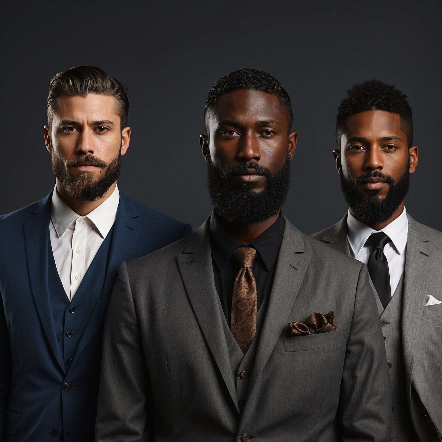 Maintain A Healthy Beard - ENAX: To the far left is a Caucasian man in a navy blue suit, he had neatly combed hair and beard. In the middle is a black man in dark grey suit, black shirt and brown tie, He has a black full beard. To the far right is a black man in a light grey suit, white shirt and black tie, He has a neatly trimmed beard and hair. Close-up image of all men.