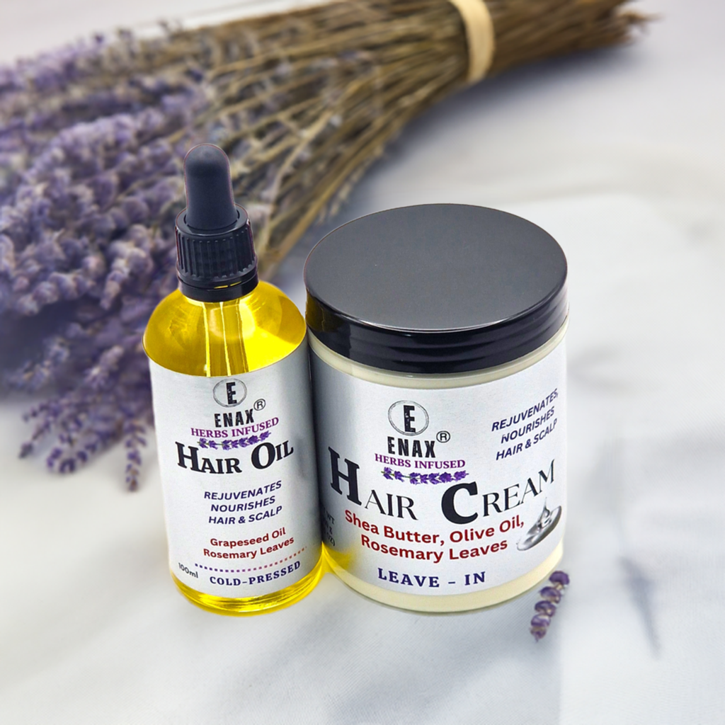 Hair Care Pack: ENAX Hair Cream & Hair Oil. 300g jar of (ENAX) Hair Cream to the left, 100ml bottle of (ENAX) Hair Oil to the right. For Healthy Hair growth. Hair brushes and rosemary leaves background. Front side.