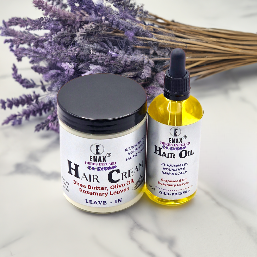Hair Care Pack: ENAX Hair Cream & Hair Oil. 300g jar of (ENAX) Hair Cream to the left, 100ml bottle of (ENAX) Hair Oil to the right. For Healthy Hair growth. Hair brushes and rosemary leaves background. Front side.