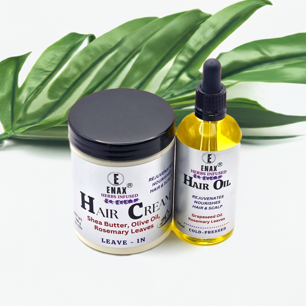 Hair Care Pack: ENAX Hair Cream & Hair Oil. 300g jar of (ENAX) Hair Cream to the left, 100ml bottle of (ENAX) Hair Oil to the right. For Healthy Hair growth. Leafy green background. Front side.
