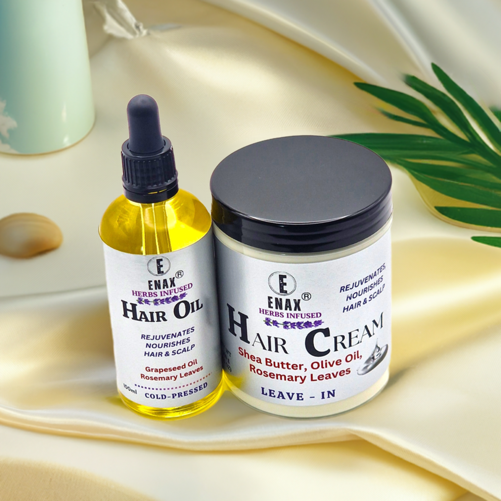 Hair Care Pack: ENAX Hair Cream & Hair Oil. 300g jar of (ENAX) Hair Cream to the left, 100ml bottle of (ENAX) Hair Oil to the right. For Healthy Hair growth. Silky cream clothe. Front side.