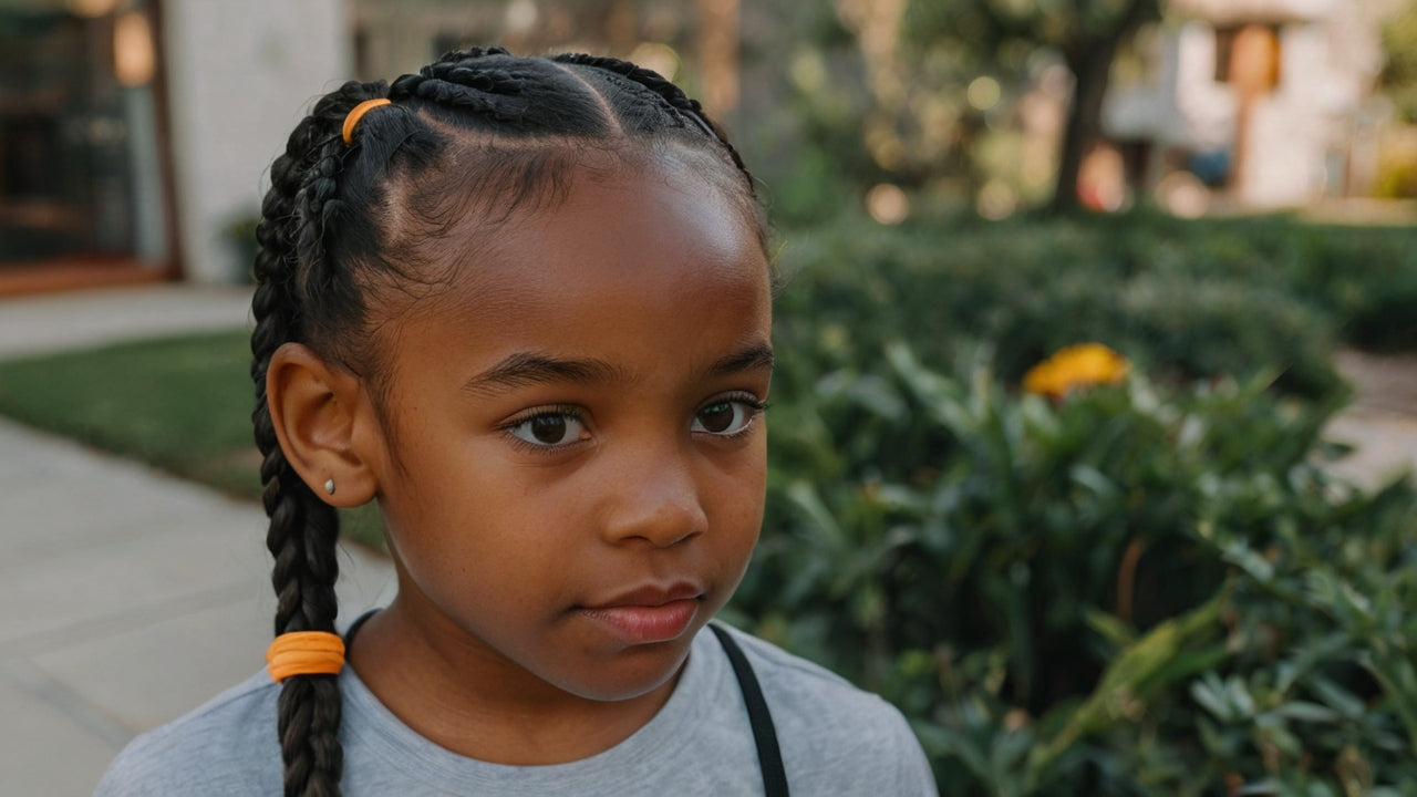 A young black girl with hair ties in her hair. She has braids in her hair and looking directly at the camera. Outdoor setting with grass and flower. Front side.