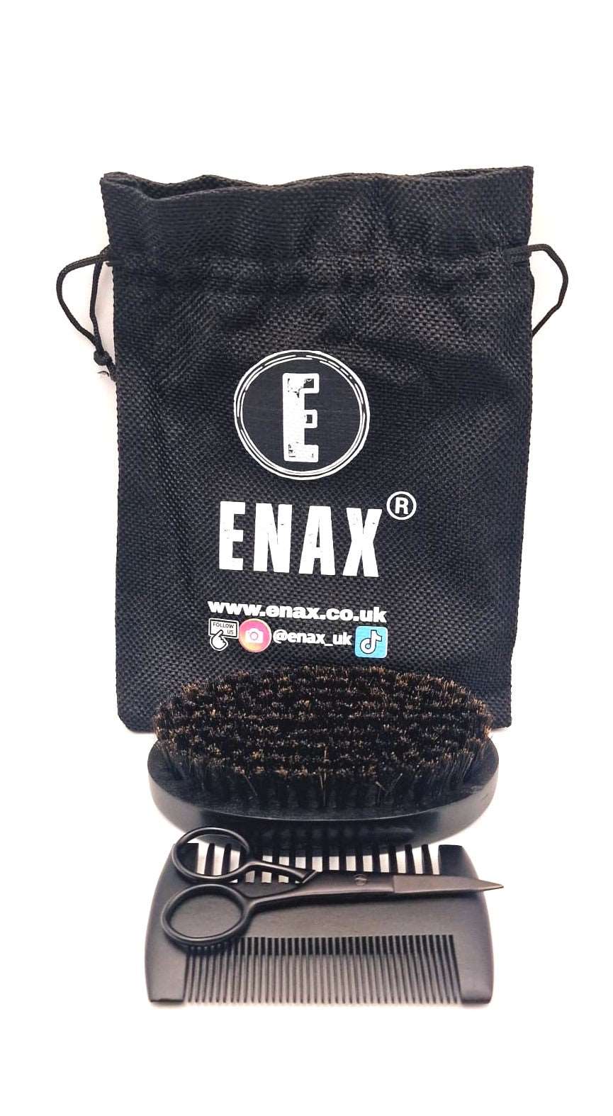 Beard Grooming Kit: ENAX Boar Bristle Brush, Scissors & Pearwood Comb, Men Facial Care. One set of (ENAX) Beard Grooming Kit to the sides, consisting of One Black Boar Bristle Brush, One Black Pearwood Comb, One Black Stainless Steel Scissors, One Black Grooming Kit Bag. White background. Front Side.