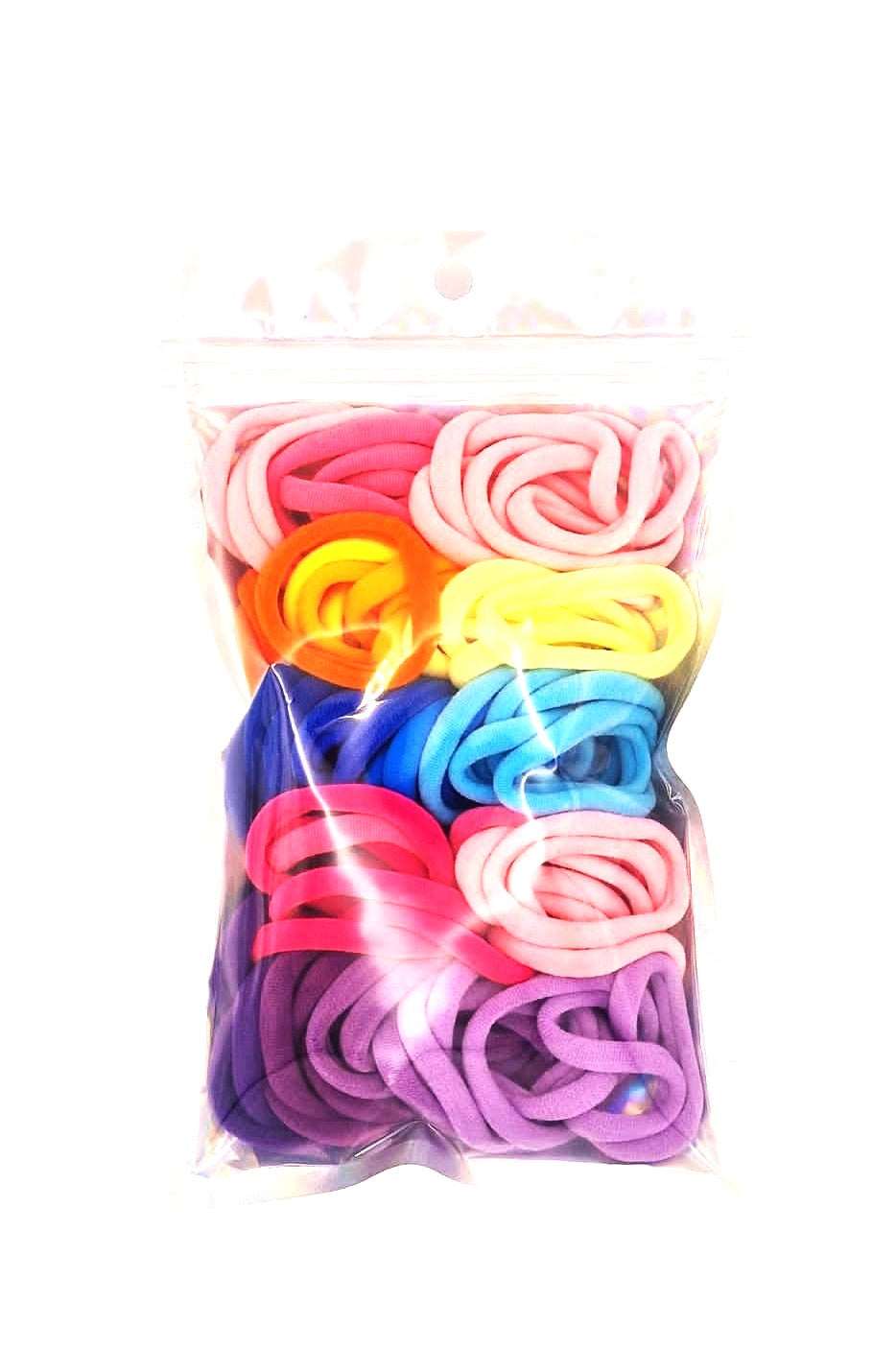 Girl's Hair Ties: ENAX Multi-Coloured Hair Bands, One silver pack of (ENAX) colorful medium-sized Hair Ties. 80 hair ties inside each pack. White background. Front Side.