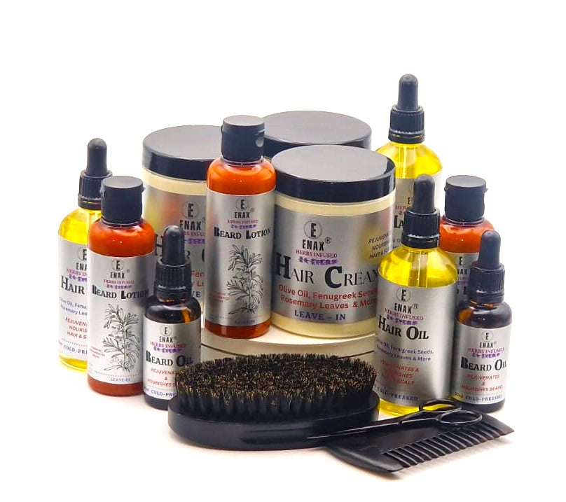 All About Hair Porosity - ENAX: Collection of ENAX Hair and Beard Care Products. Three 300g jars of ENAX Hair Cream, three 100ml bottles of ENAX Hair Oil, three bottles of ENAX Beard Lotion, two 30ml bottles of ENAX Beard Oil and ENAX Beard Grooming Kit. White background. All products Front side.