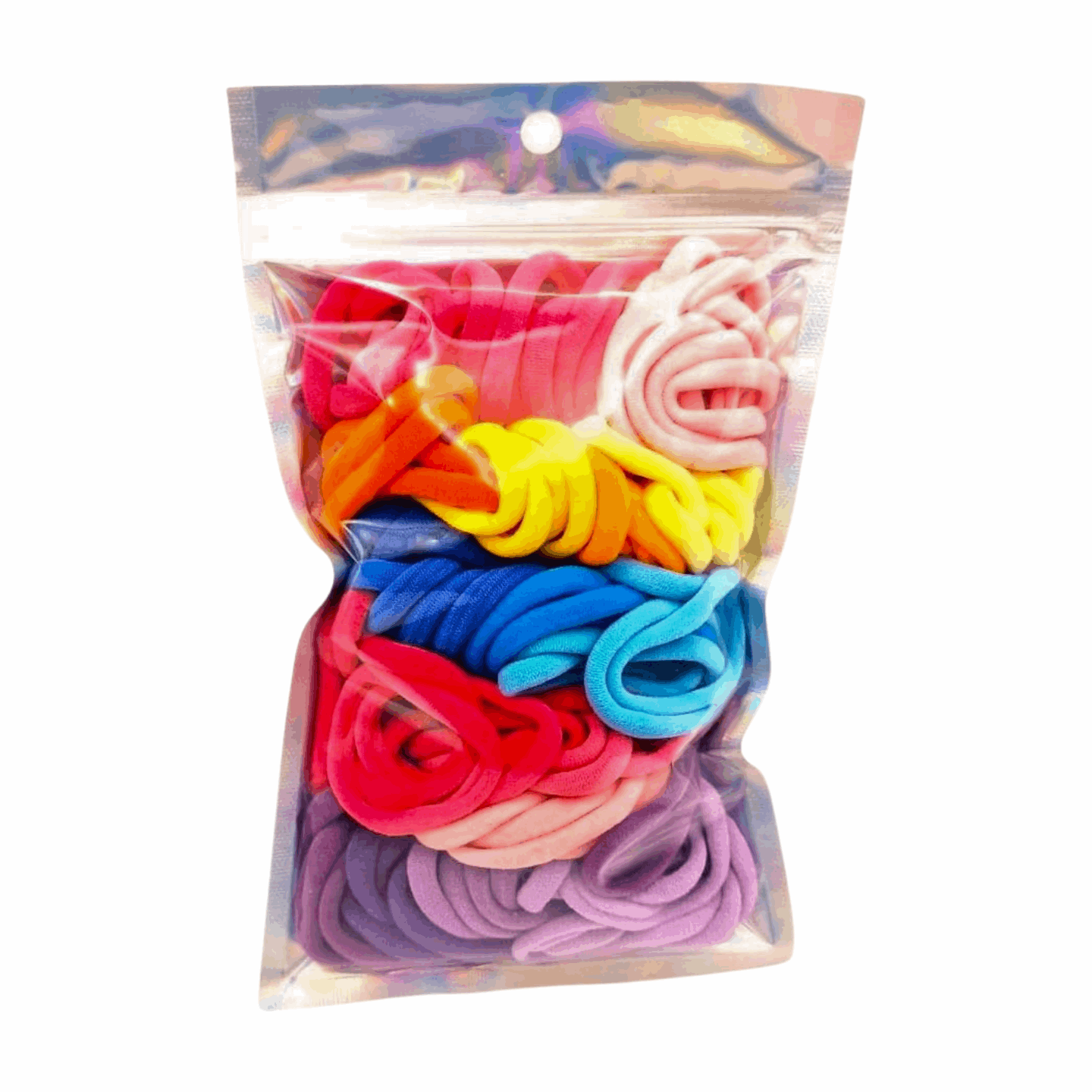 Girl's Hair Ties: ENAX Multi-Coloured Hair Bands, One silver pack of (ENAX) colorful medium-sized Hair Ties. 80 hair ties inside each pack. White background. Front Side.