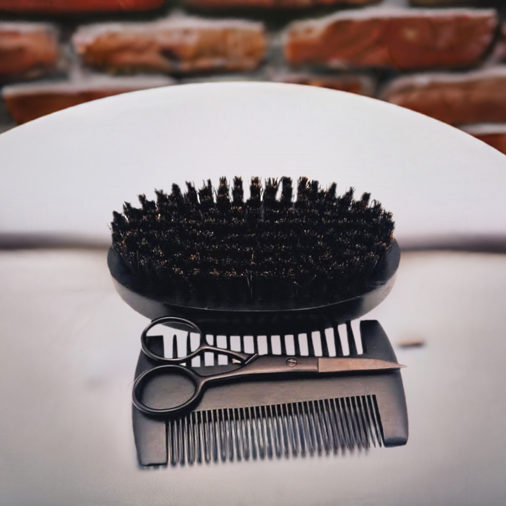 Beard Grooming Kit: ENAX Boar Bristle Brush, Scissors & Pearwood Comb, Men Facial Care. One set of (ENAX) Beard Grooming Kit to the sides, consisting of One Black Boar Bristle Brush, One Black Pearwood Comb, One Black Stainless Steel Scissors. Brown brick background. Front Side.