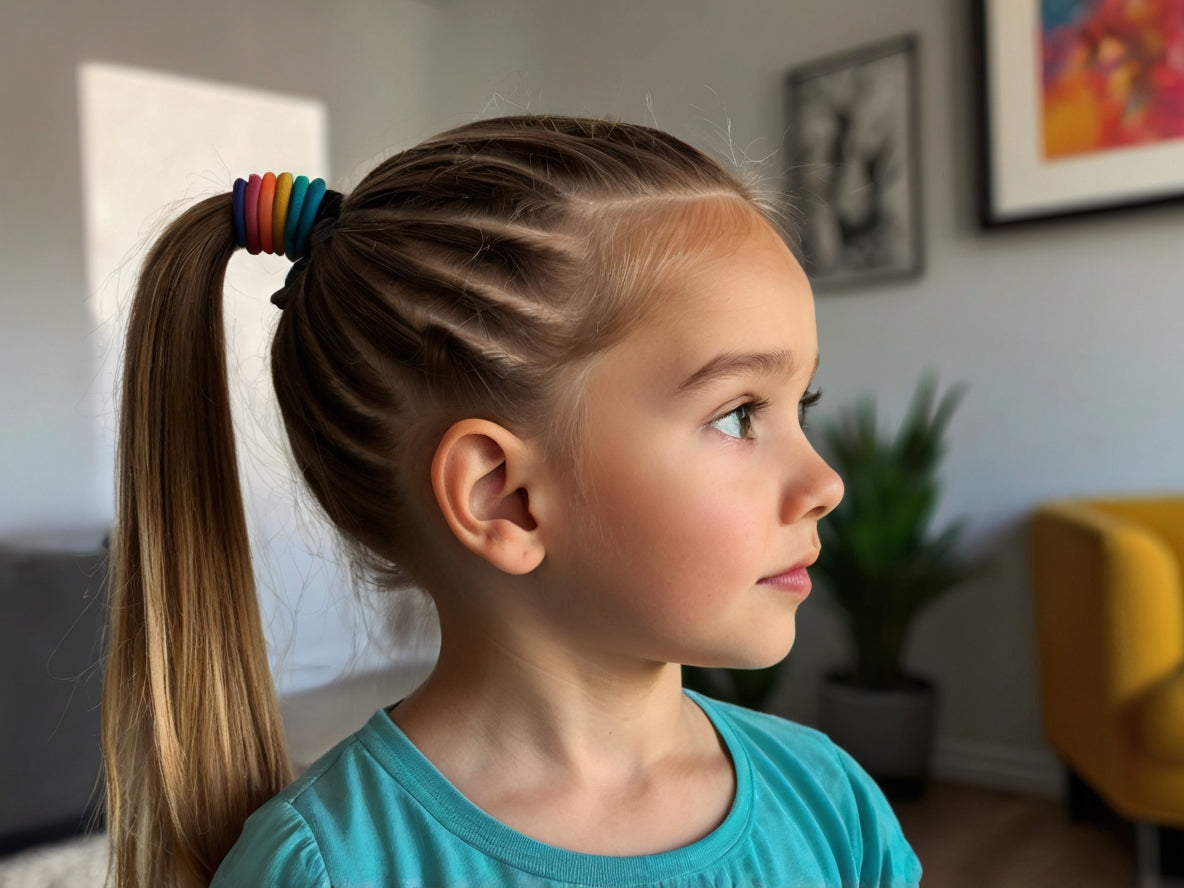 A young white girl with six hair ties in her hair. She is smiling and looking sideways. Living room setting with sofa chairs and painting on the walls. Front side.