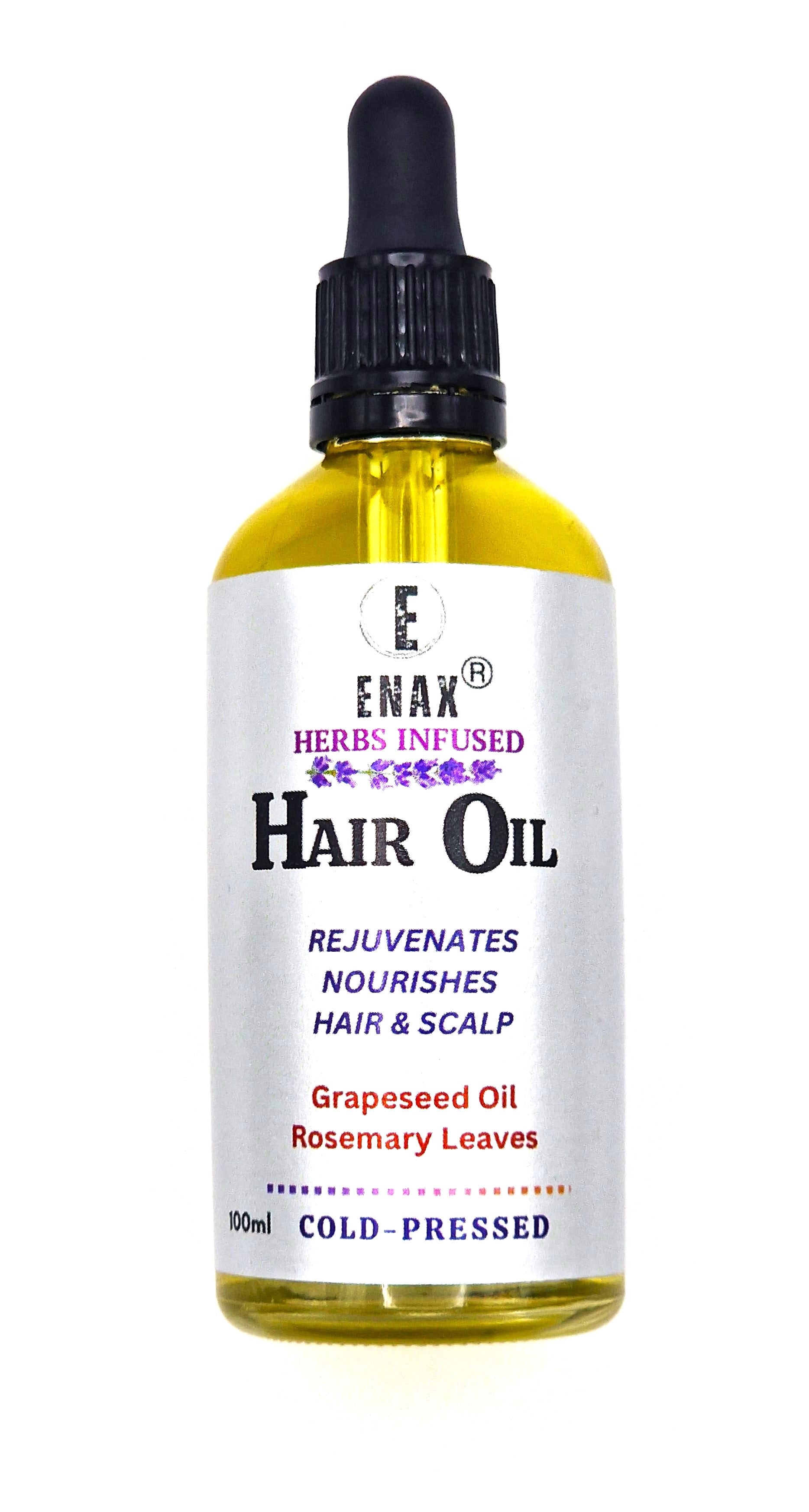Hair Oil: ENAX Herbs Infused Hair Oil. 100ml bottle of (ENAX) Hair Oil. For Healthy Hair Growth, Personal Care, Hair and Scalp Treatment. White background. Front Side