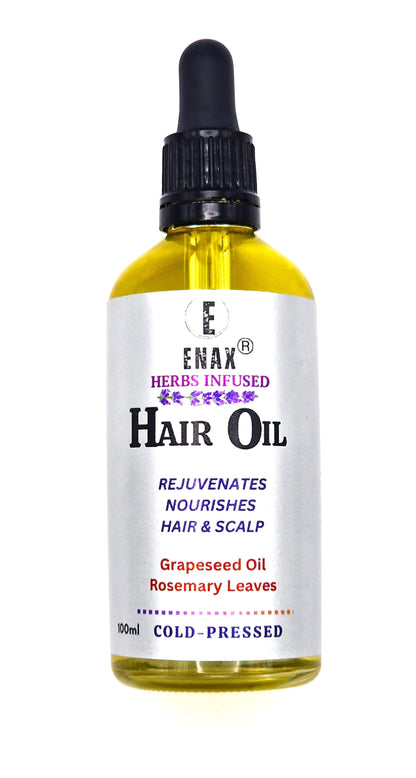 Hair Oil: ENAX Herbs Infused Hair Oil. 100ml bottle of (ENAX) Hair Oil. For Healthy Hair Growth, Personal Care, Hair and Scalp Treatment. White background. Front Side