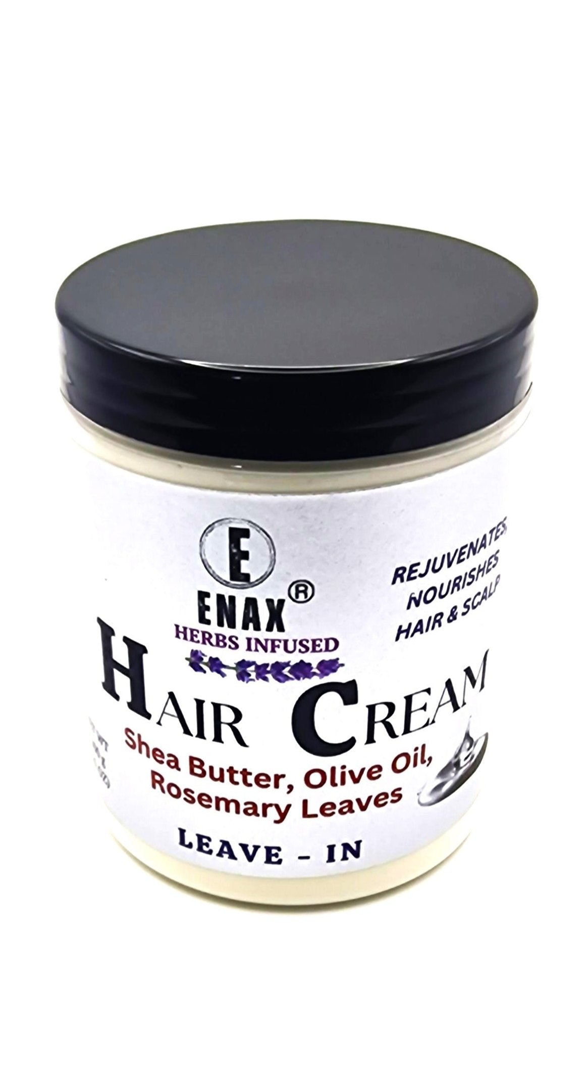 Hair Cream: ENAX Herbs Infused Hair Cream. 300g jar of (ENAX) Hair Cream. For Healthy Hair Growth & Maintenance. White background. Front Side.