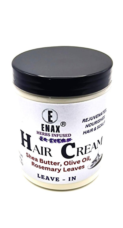 Hair Cream: ENAX Herbs Infused Hair Cream. 300g jar of (ENAX) Hair Cream. For Healthy Hair Growth & Maintenance. White background. Front Side.