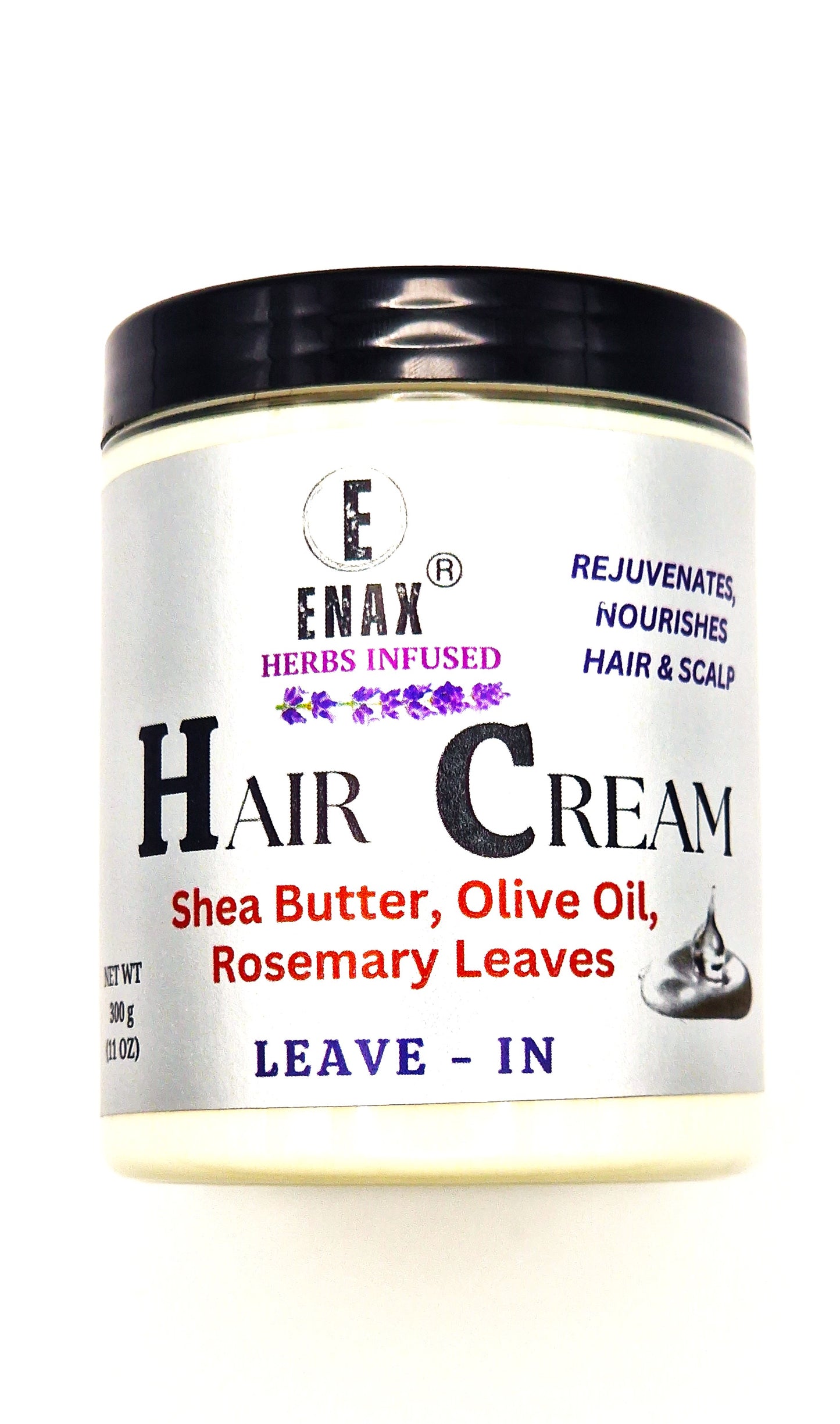 Hair Cream: ENAX Herbs Infused Hair Cream. 300g jar of (ENAX) Hair Cream. For Healthy Hair Growth & Maintenance. White background. Front Side.