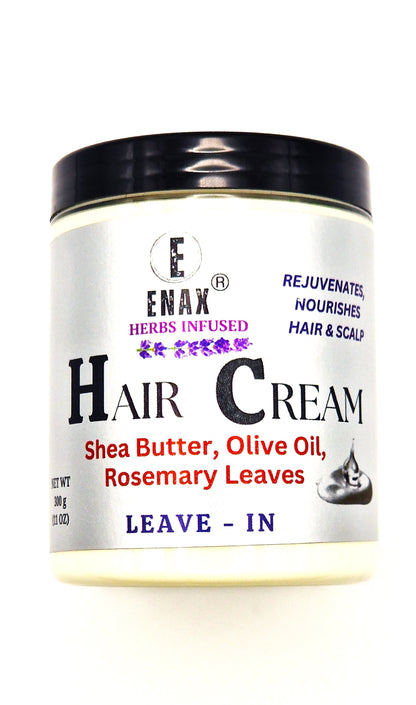 Hair Cream: ENAX Herbs Infused Hair Cream. 300g jar of (ENAX) Hair Cream. For Healthy Hair Growth & Maintenance. White background. Front Side.