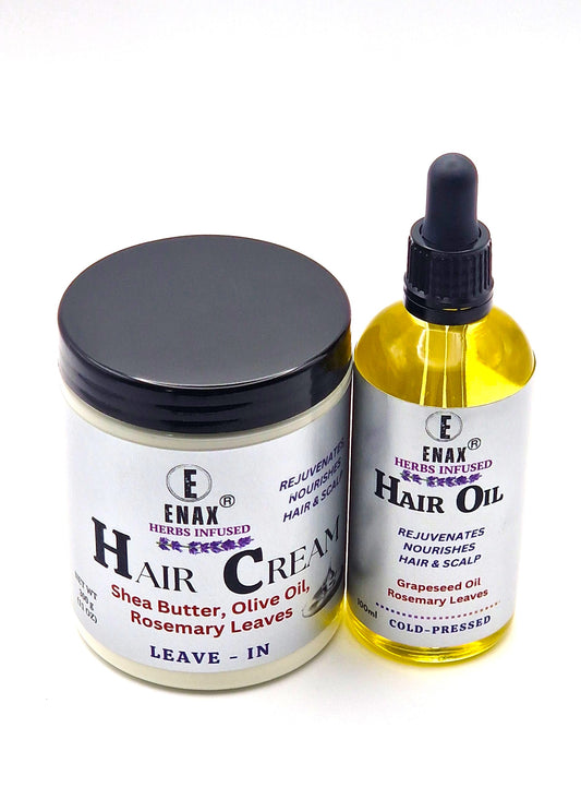 Hair Care Pack: ENAX Hair Cream & Hair Oil. 300g jar of (ENAX) Hair Cream to the left, 100ml bottle of (ENAX) Hair Oil to the right. For Healthy Hair growth. White background. Front side.