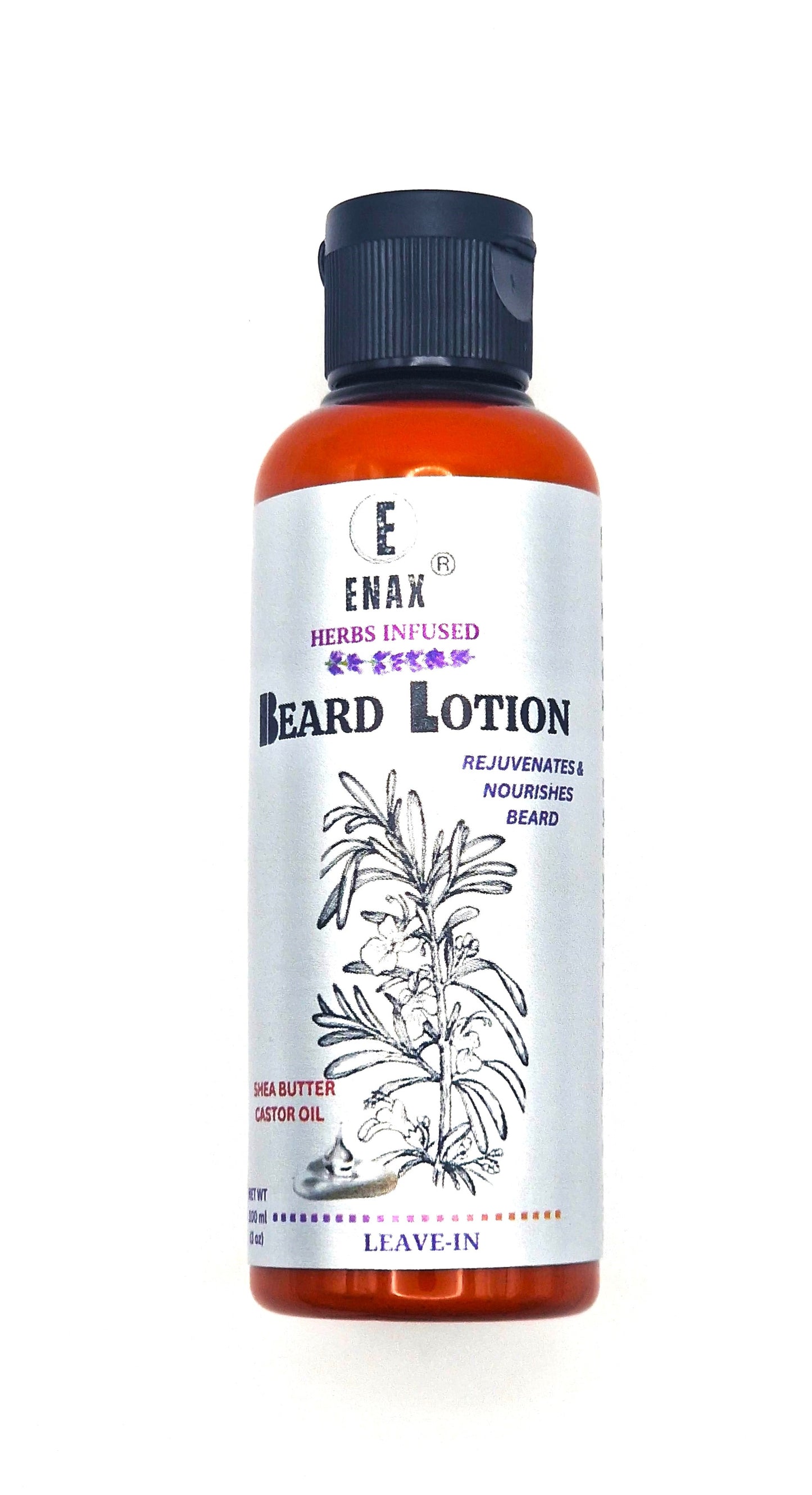 Beard Lotion: ENAX Herb Infused Beard Lotion Facial Care. 100ml bottle of (ENAX) Beard Lotion. White background. Front Side.