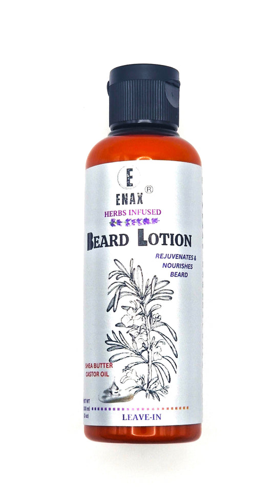 Beard Lotion: ENAX Herb Infused Beard Lotion Facial Care. 100ml bottle of (ENAX) Beard Lotion. White background. Front Side.