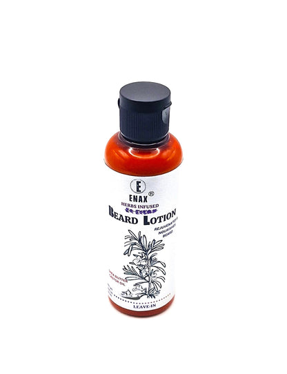 Beard Lotion: ENAX Herb Infused Beard Lotion Facial Care. 100ml bottle of (ENAX) Beard Lotion. White background. Front Side.