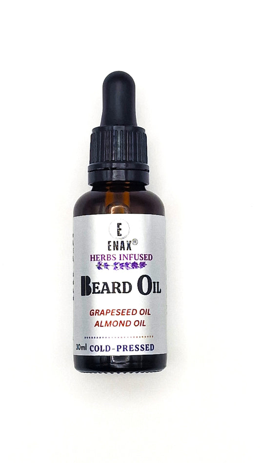 Beard Oil: ENAX Herb Infused Beard Oil Facial Care. 30ml bottle of (ENAX) Beard Oil. White background. Front Side.