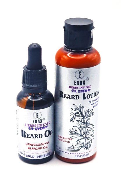 Beard Care Pack1: ENAX Beard Lotion & Beard Oil. 30ml bottle of (ENAX) Beard Oil to the left, 100ml bottle of (ENAX) Beard Lotion to the right. White background. Front Side.