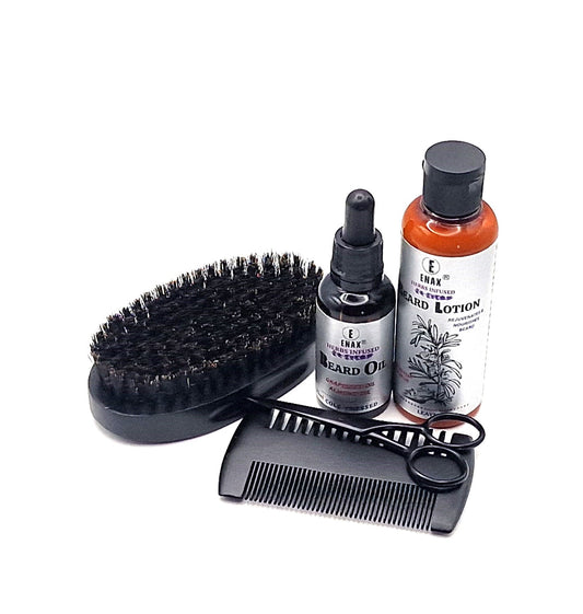Beard Care Pack2: ENAX Beard Lotion, Beard Oil & Beard Grooming Kit. 30ml bottle of (ENAX) Beard Oil to the left, 100ml bottle of (ENAX) Beard Lotion to the right. Beard Grooming Kit bag, Beard Brush, Beard Comb and Beard Scissors. White background. Front Side.