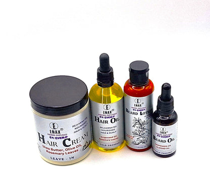 Different Hair Types - ENAX: 300g jar of (ENAX) Hair Cream to the left, 100ml bottle of (ENAX) Hair Oil, 100ml bottle of (ENAX) Beard Lotion in the middle, 30ml bottle of (ENAX) Beard Oil to the far right. For healthy hair growth and maintenance. Front Side