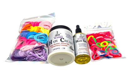 Children Care Pack3: ENAX Hair Cream, Hair Oil, Girl's Hair Ties & Toddler's Hair Ties.  ENAX Girl's Hair Ties to the left, 300g jar of (ENAX) Hair Cream, 100ml bottle of (ENAX) Hair Oil in the middle. ENAX Baby & Toddler's Pink Hair Ties to the right. White background. Front Side.