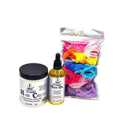 Children Care Pack2: ENAX Hair Cream, Hair Oil & Girl's Hair Ties. 300g jar of (ENAX) Hair Cream to the left, 100ml bottle of (ENAX) Hair Oil in the middle, One packet of (ENAX) Girl's Hair Ties to the far right. 80 medium-sized Multi-coloured hair ties inside packet. For Healthy Hair growth. White background. Front Side.