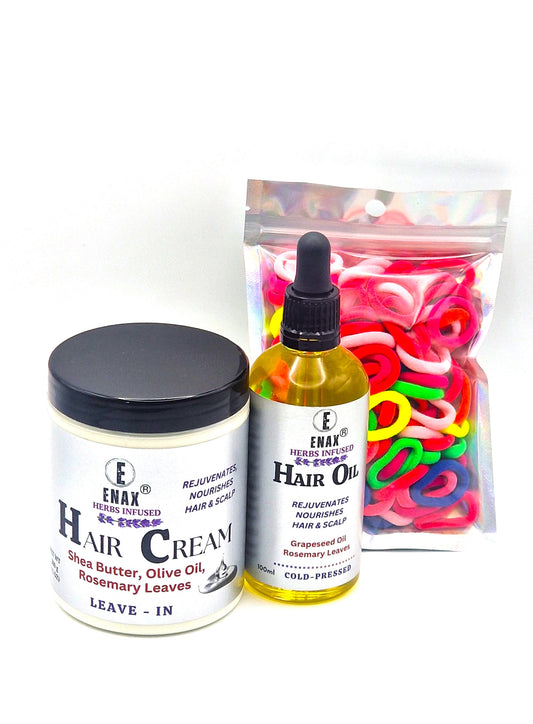 Children Care Pack1: ENAX Hair Cream, Hair Oil & Toddler's Hair Ties. 300g jar of (ENAX) Hair Cream to the left, 100ml bottle of (ENAX) Hair Oil in the middle, ENAX Baby & Toddler's Hair Ties to the far right. 120 small-sized pink Hair Ties. White background. Front Side.