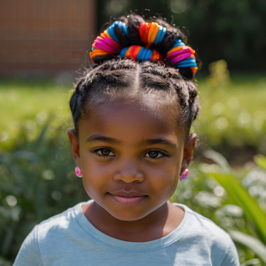 A young black girl with hair ties in her hair. Outdoor setting with grass and flowers in the background. She is looking directly at the background smiling at the camera.